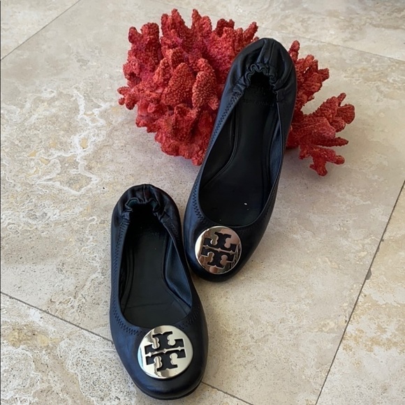 Tory Burch Black Reva Ballet Flats Silver HW - 8 - Picture 1 of 8